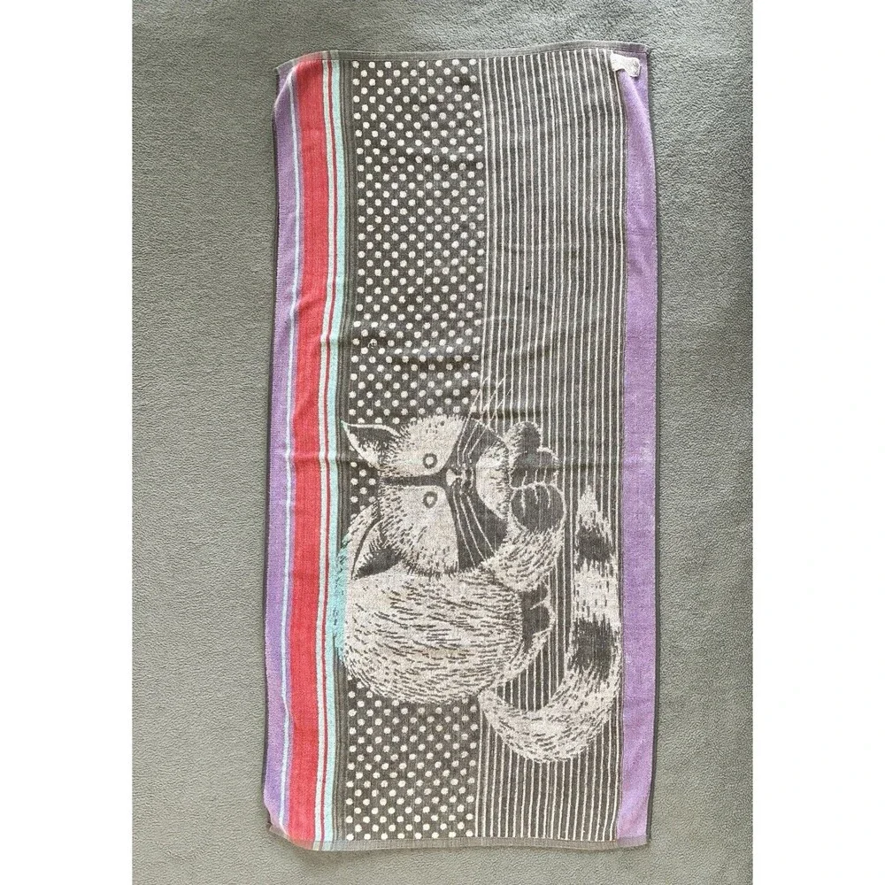 Vtg Cecil Saydah Beach Towel Ipanema Cat Polka Dots Stripes Purple Red *READ*
